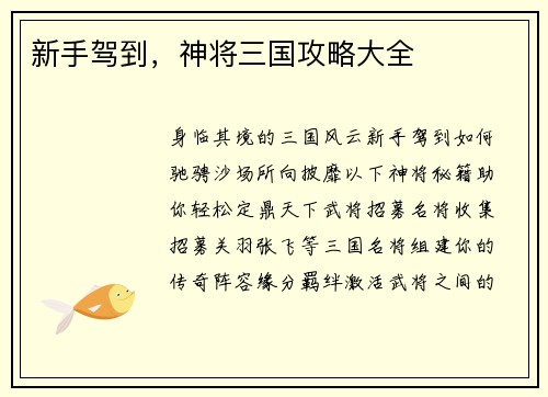 新手驾到，神将三国攻略大全